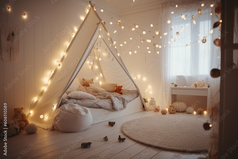 Kids bedroom in dark colors. Cozy kids room interior, scandinavian ...