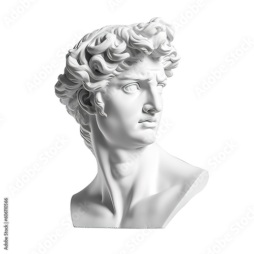 Gypsum statue of David's head. Michelangelo's David statue plaster copy isolated on white background. Ancient greek sculpture, statue of hero, generate ai
