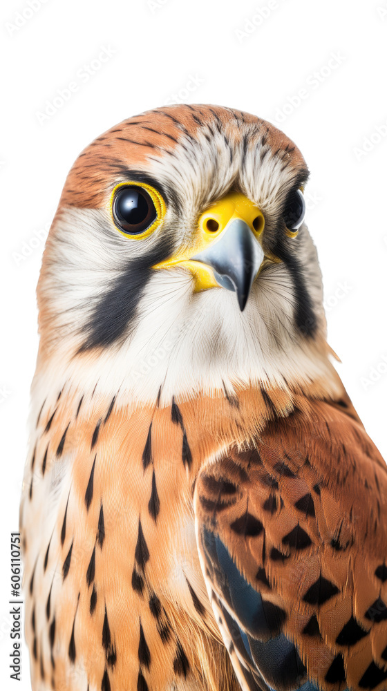 an American Kestrel, Portrait, tiny raptor, a bird of prey, piercing eyes, classic falconry, aerial hunter Nature-themed, photorealistic illustrations in a PNG, cutout, and isolated. Generative AI