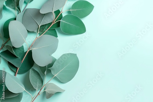 Natural eucalyptus leaves on mint pastel green background. Flat lay floral composition, top view, copy space, generate ai