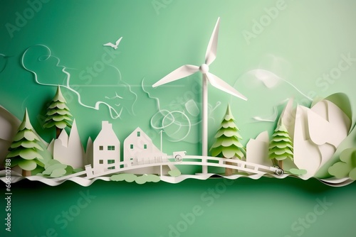Paper art, renewable energy with green energy such as wind turbines, Renewable energy by 2050 Carbon neutral energy, Energy consumption, and CO2, Reduce CO2 emission concept photo