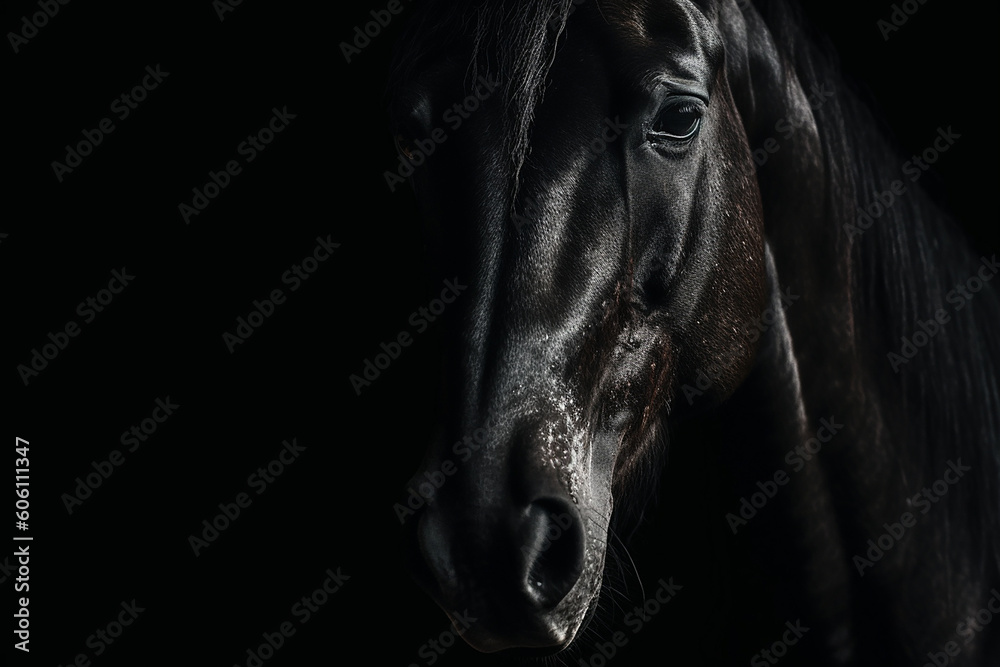 Black horse head portrait on black background, generative ai Black horse head portrait on black background, generative ai