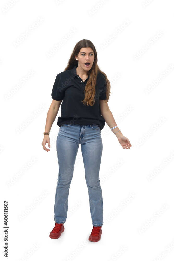 front view of a young girl look down and open mouth on white background front view of a young girl look down and open mouth on white background