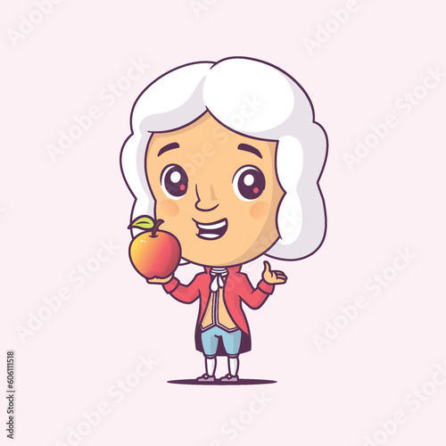 Isaac Newton chibi style cartoon character holding an apple vector illustration