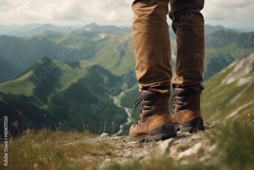 Generative AI - A men in hiking boots hiking in the mountains stands on the top of the mountain