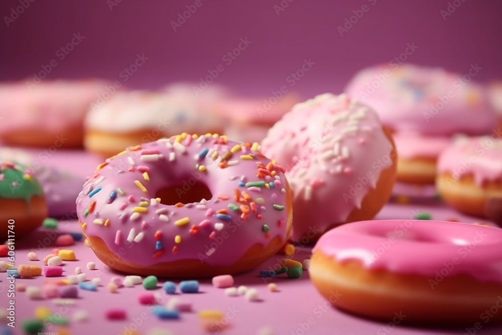 Pink donuts with sprinkles. Sweet food background, freshly baked donut. AI generated image.