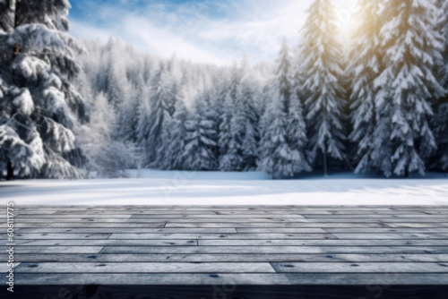 an empty frozen wooden floor in the foreground against a snowy coniferous forest in the background. Vertical format winter concept background for product presentation or as copy space. © Mirador