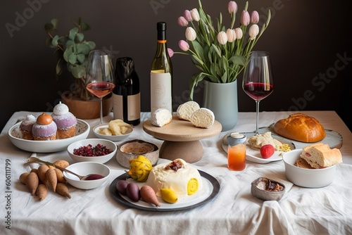 Serving Easter table with tasty dishes and glass of wine, generate ai