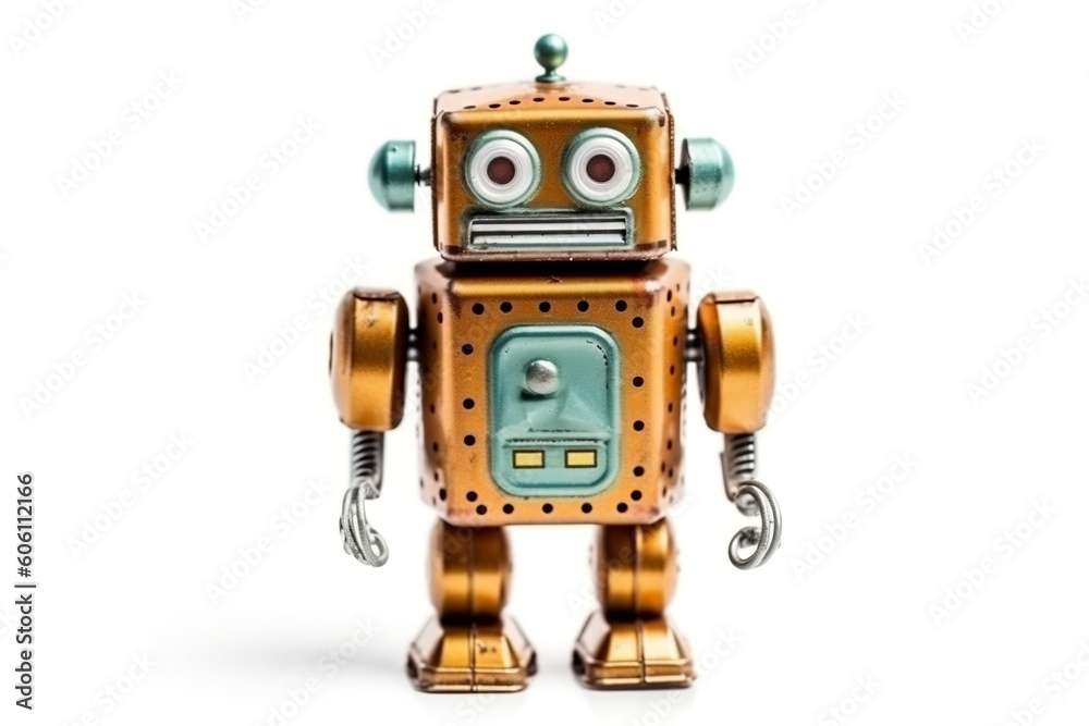 Fototapeta premium Retro robot toy on a clean white background, generative AI