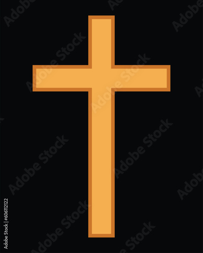 Golden or wooden christian cross isolated on a black background. A symbol of the love of Jesus. God vector illustration. Catholic symbol flat vector, gold cross. Christian cross symbol icon.