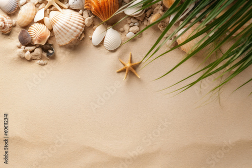 Arial view of a sandy beach with shells on the top. Flat top summer concept background with lots of negative space for copy space.