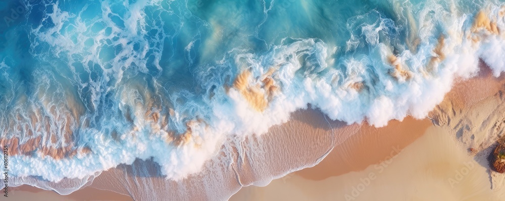 a birds-eye view of the beach a horizontal aerial coastline and a sea with aqua water waves without rocks,  Abtract-themed, drone aerial, photorealistic illustrations in JPG. Generative AI