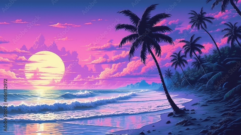 Vaporwave palm trees, beach at sunset. Retrowave background. AI generative image.