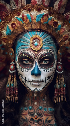 A woman with a sugar skull makeup and headdress. AI generative. Day of the Dead traditional costumes and makeup