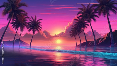 Vaporwave palm trees, beach at sunset. Retrowave background. AI generative image. © vlntn