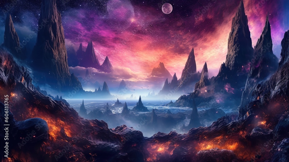 Illustration of alien Planet Fantasy rocky Environment with a night sky landscape. Generative AI