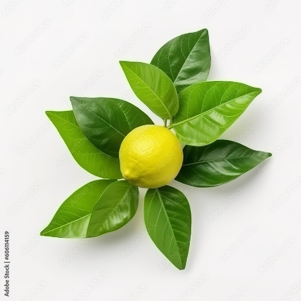 Fresh lemon with green leaves isolated on white background