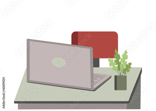 Work in the office. Computer on the desktop. Cabinet, Remote work at home. Vector illustration. Background isolated.