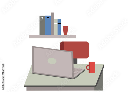 Work in the office. Computer on the desktop. Cabinet, Remote work at home. Vector illustration. Background isolated.