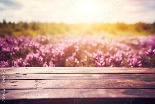 Wooden Board With Erica Flower Field As Background photo