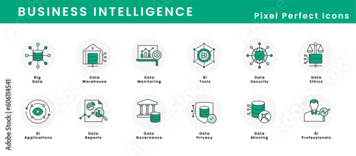 Business Intelligence Icons - A Set of High-Quality Icons for Business Intelligence like Big Data, Data Warehouse, Data Minning, Data Ethics, Data Governance, and more.