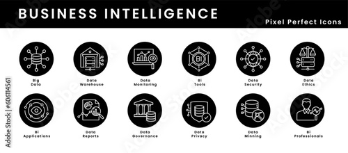 Business Intelligence Icons - A Set of High-Quality Icons for Business Intelligence like Big Data, Data Warehouse, Data Minning, Data Ethics, Data Governance, and more.