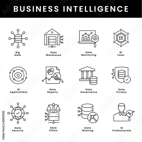 Business Intelligence Icons - A Set of High-Quality Icons for Business Intelligence like Big Data, Data Warehouse, Data Minning, Data Ethics, Data Governance, and more.