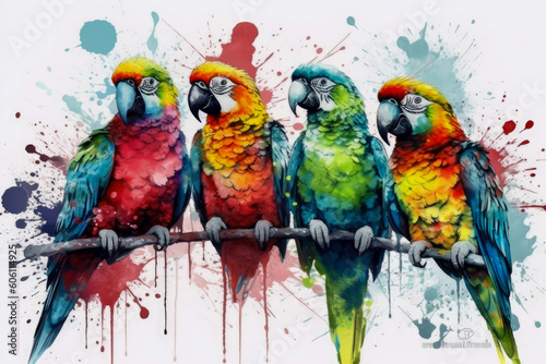Three brilliantly colored parrots perched on a branch in a tropical setting. Generative AI