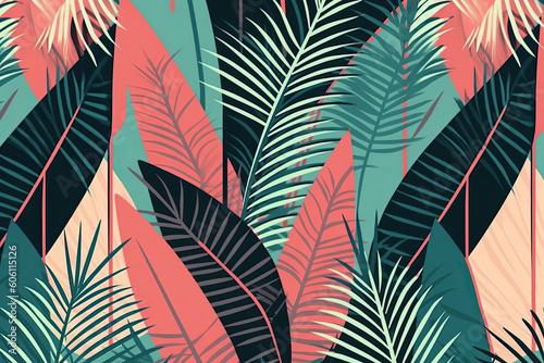 Tropical leaves pattern on a blue background. Generative AI