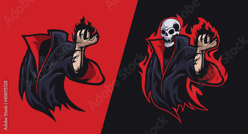 mascot logo for esports gaming teams or individual player symbol. a headless skeleton ninja with hands burning with black fire. a Perfect logo for gamers and streamers. Use as sticker or print shirt 