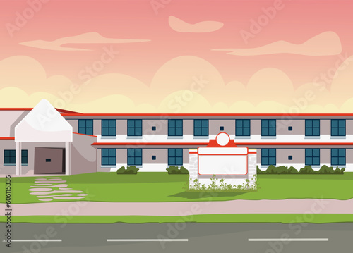 Commercial school or hospital building vector with a long structure grass garden up front beside the road. Evening Sunset scene gives a calming vibe. EPS file can be edited to change the time.