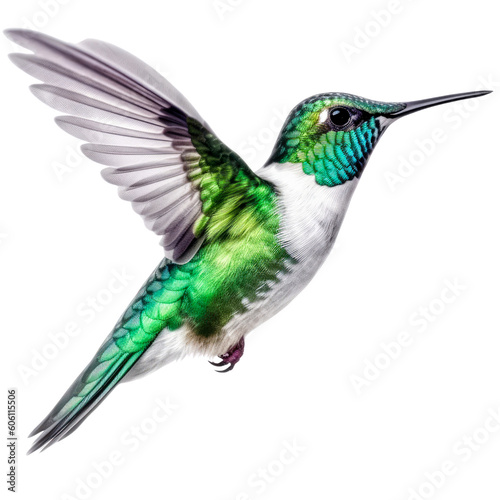 A green and white hummingbird in flight on a transparent background. Generative AI
