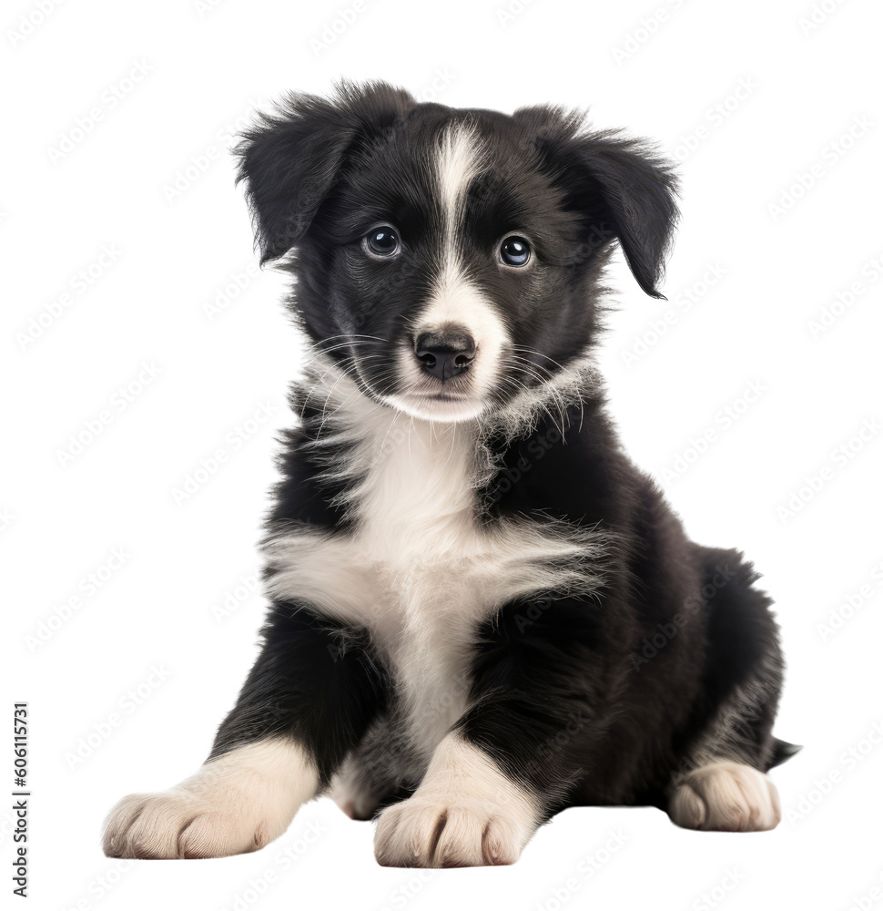 A cute black and white puppy sitting on a transparent background. Generative AI