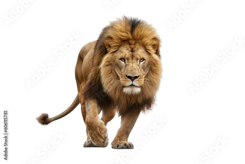 A majestic lion walking on a black background, isolated and in transparent png format. Generative AI