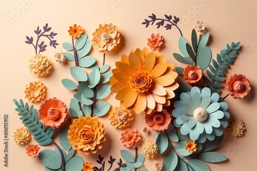 3d floral craft wallpaper. orange, rose, green and yellow flowers in light background. for kids room wall decor, generate ai