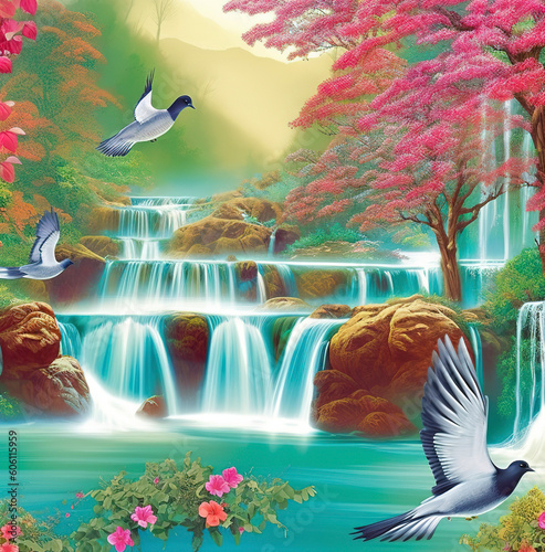 3d mural colorful landscape. flowers branch multi colors with trees and water. Waterfall and flying birds. suitable for printing on canvas, generate ai photo