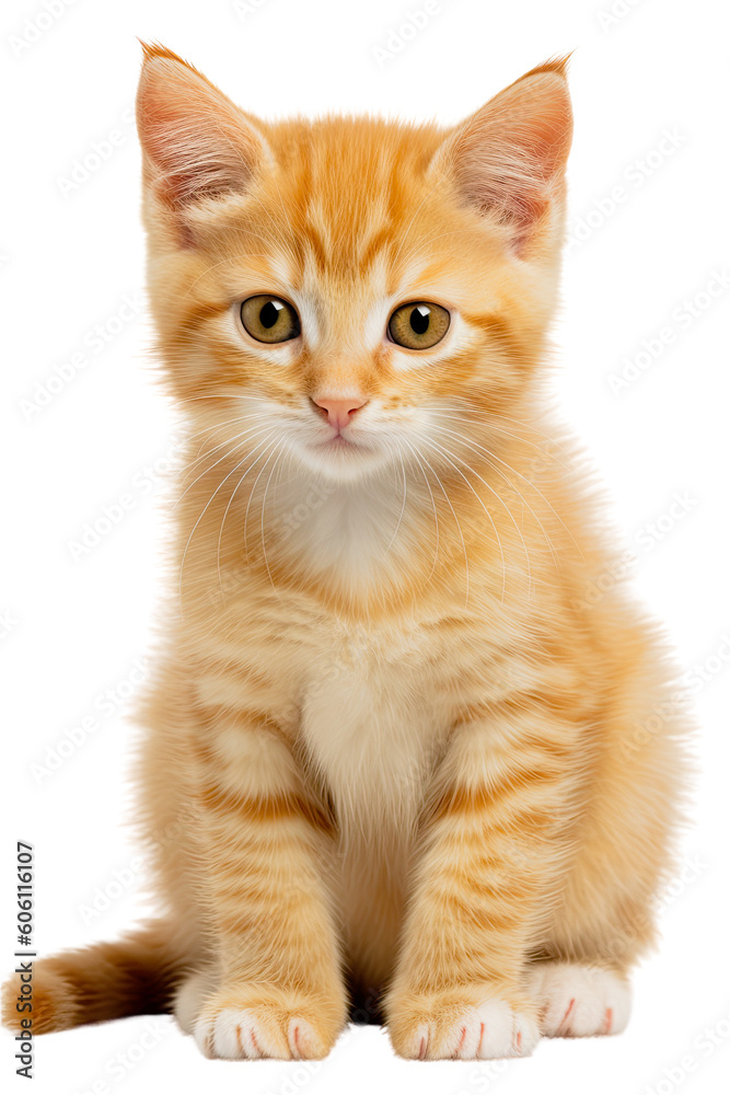 An adorable orange and white kitten sitting on a transparent background. Generative AI