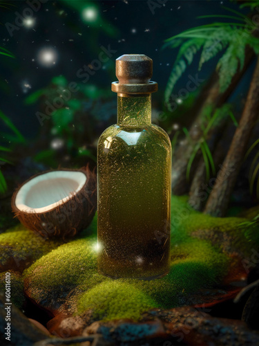 a mock-up bottle stands in the forest on moss, next to it half a coconut, generative AI