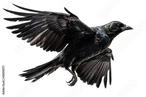 A black bird with spread wings on a transparent background. Generative AI © byarnoldus