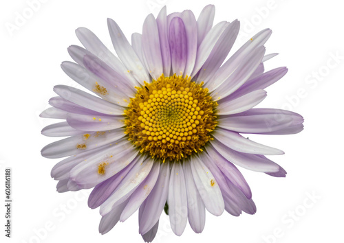 A white and purple flower with a yellow center on a transparent background. Generative AI