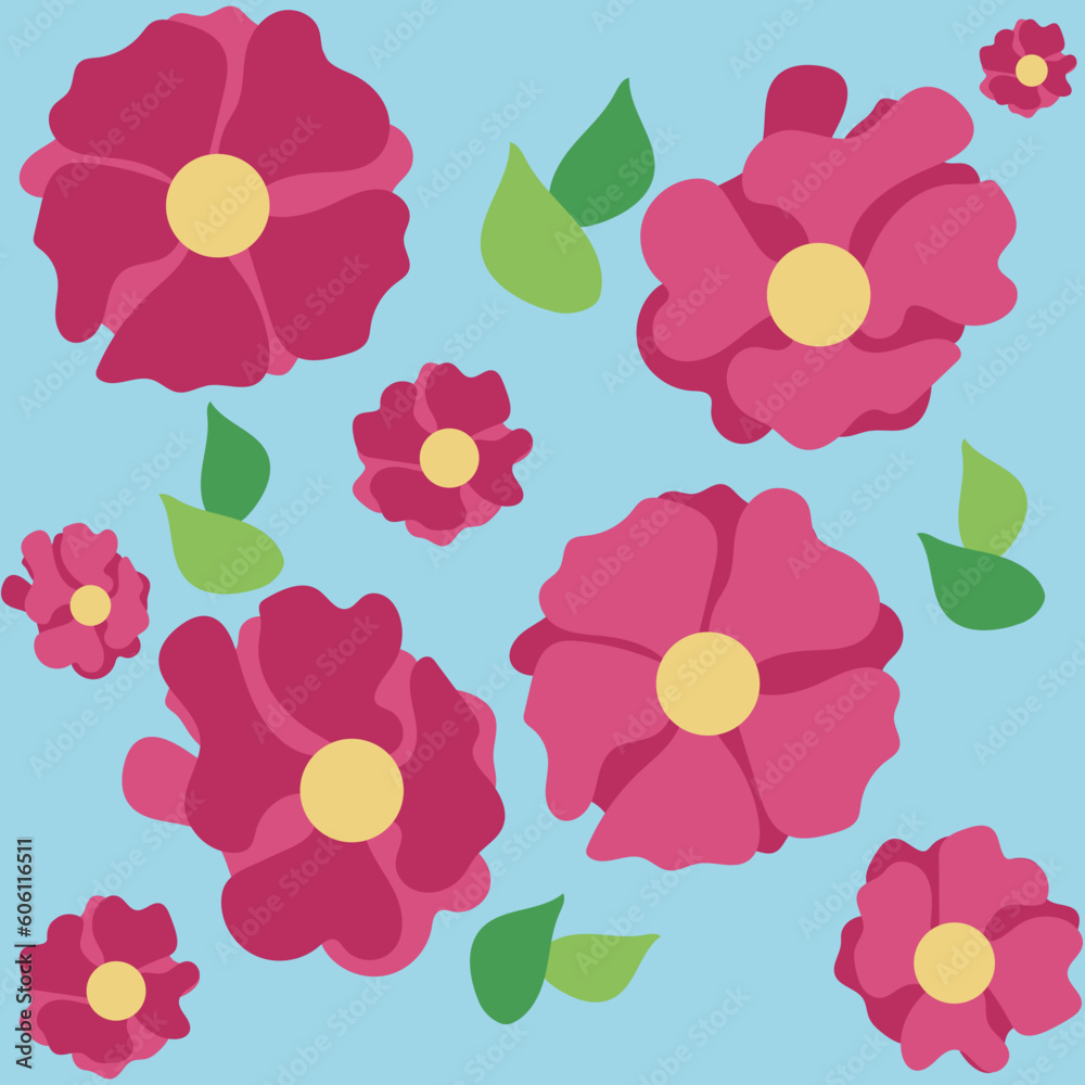 Różowe kwitnące kwiaty na niebieskim tle, wzór wiosenny, wektory. Pink blooming flowers on blue background, spring pattern, vectors - obrazy, fototapety, plakaty 