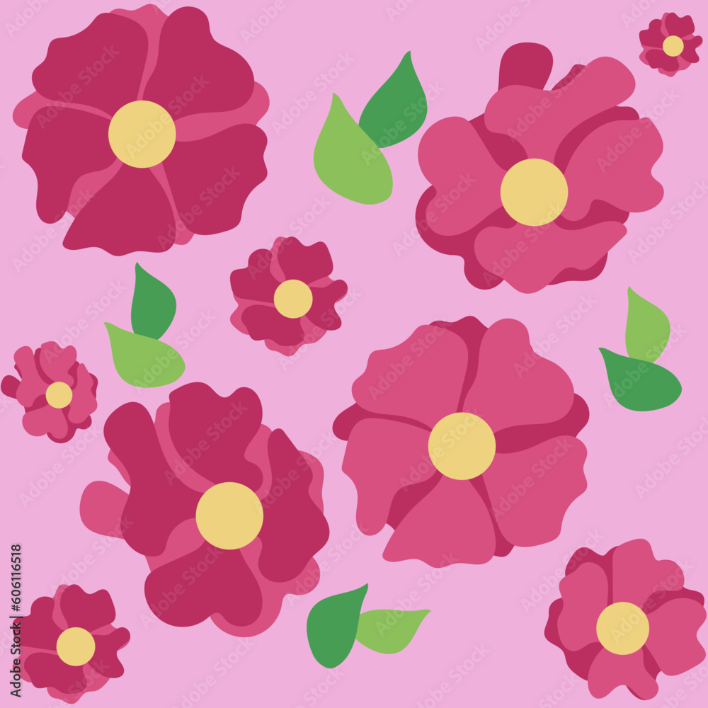 Różowe kwitnące kwiaty na różowym tle, wzór wiosenny, wektory. Pink blooming flowers on pink background, spring pattern, vectors - obrazy, fototapety, plakaty 