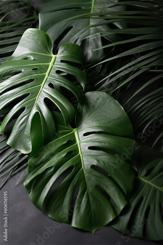 Tropical palm monstera leaves isolated on gray table background. , generate ai
