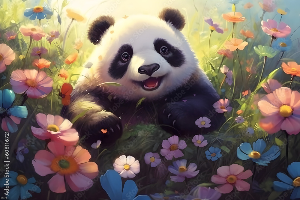 a cute panda is lying on the grass, surrounded by flowers, Generative AI