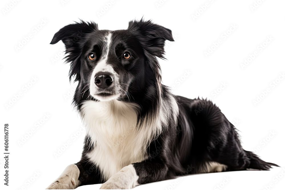A relaxed black and white dog lying on a white background. Generative AI