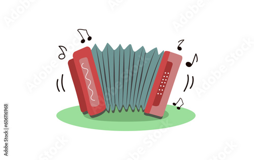  Musical instrument.  Harmonica playing.  Russian traditions, folklore.  Song, music. Note signs. Cartoon Vector illustration, background isolated.