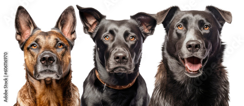 Three dogs sitting together on a transparent background. Generative AI