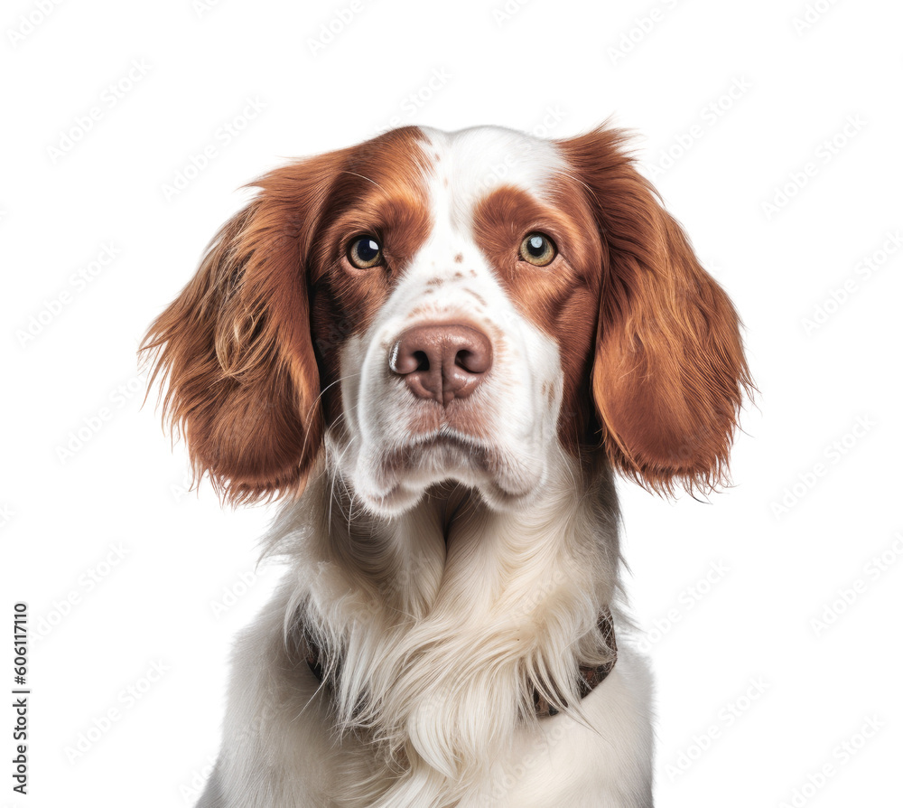 A brown and white dog with a collar on a transparent background. Generative AI