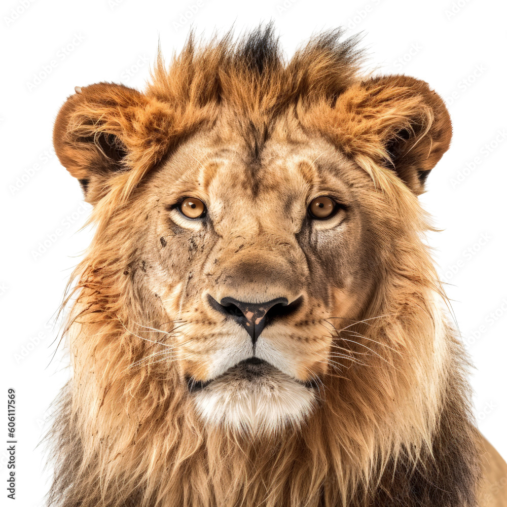 A majestic lion's face in a close-up view. Generative AI