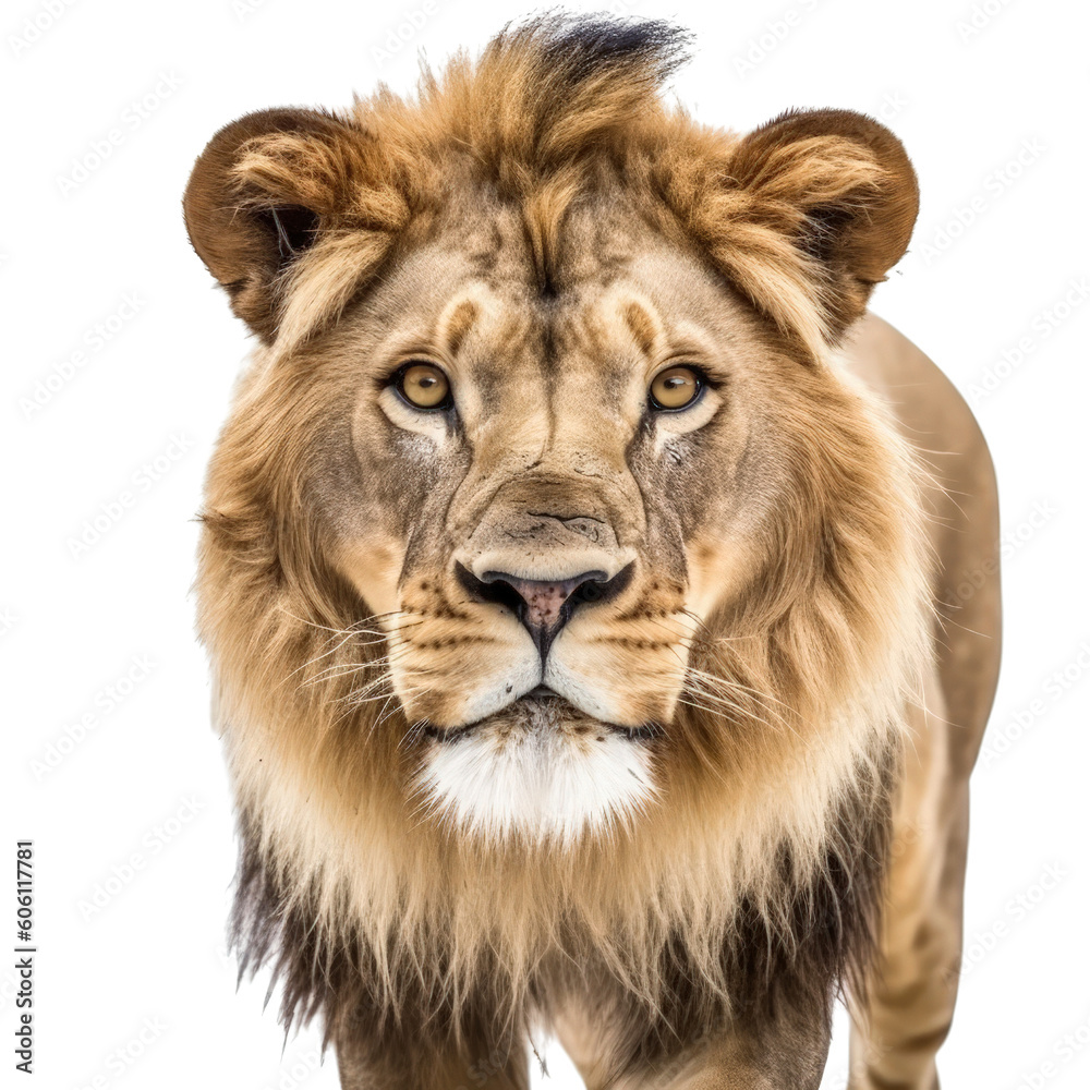 A close-up of a lion's face with transparent background. Generative AI